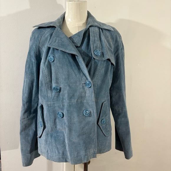 Vtg Terry Lewis Classic Luxuries Blue 100% Suede Leather Size M Jacket Buttons - Picture 1 of 16